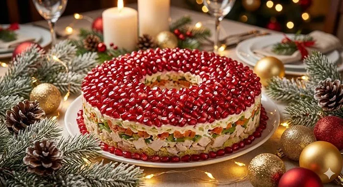 Салат «Гранатовый браслет» с курицей и черносливом