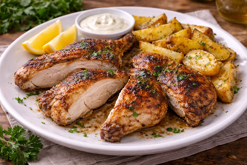 Цыпленок табака готовый на тарелке