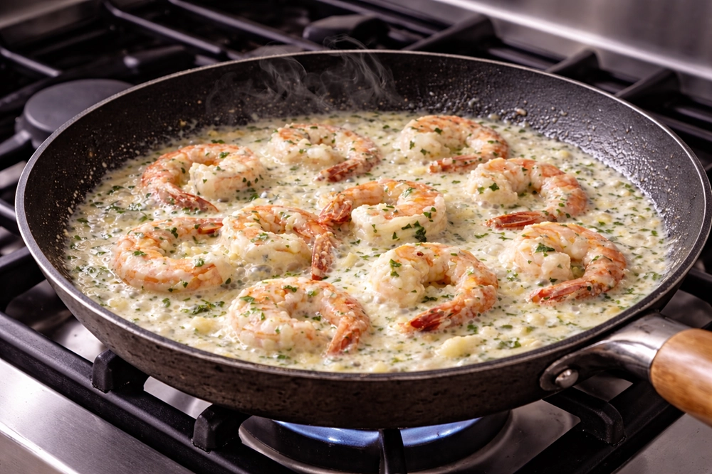 Креветки в сливочно чесночном соусе на сковороде