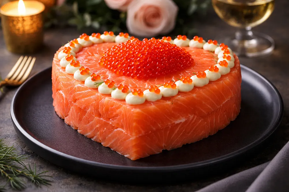 Салат Лососевое сердце в виде сердца с семгой и красной икрой