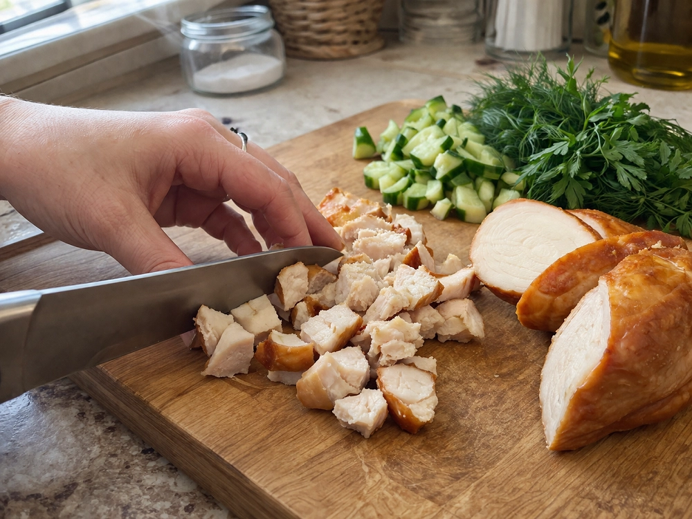Нарезка копченой курицы в салат