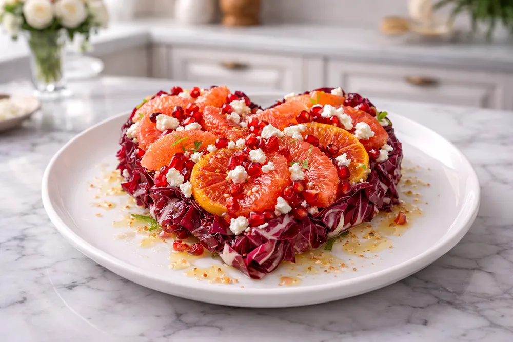 Вегетарианский салат в виде сердца с грейпфрутом и брынзой