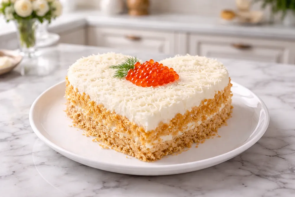 Бюджетный салат в виде сердца с копченой курицей и яблоком