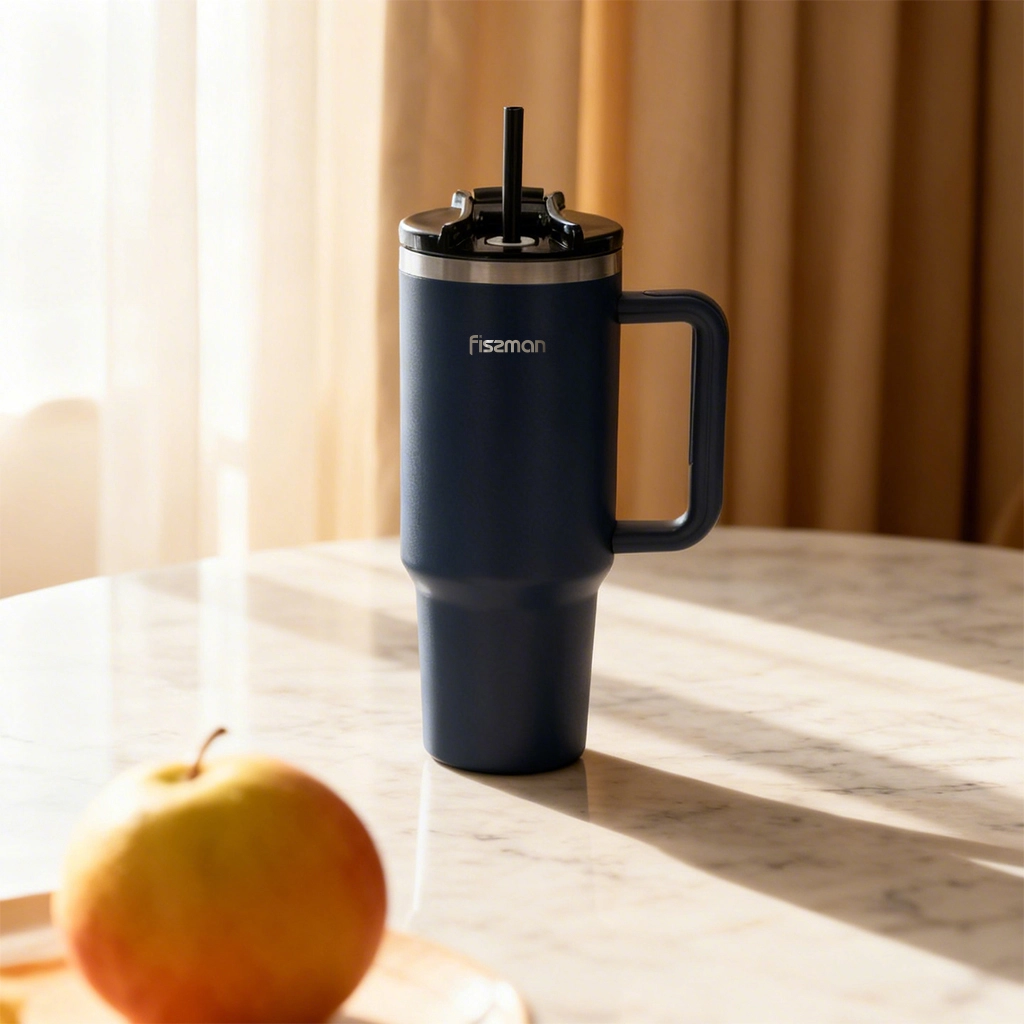 Термокружка с ручкой синяя