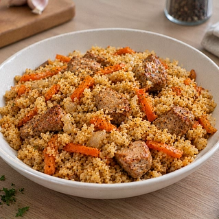 Булгур с мясом и овощами в одной сковороде