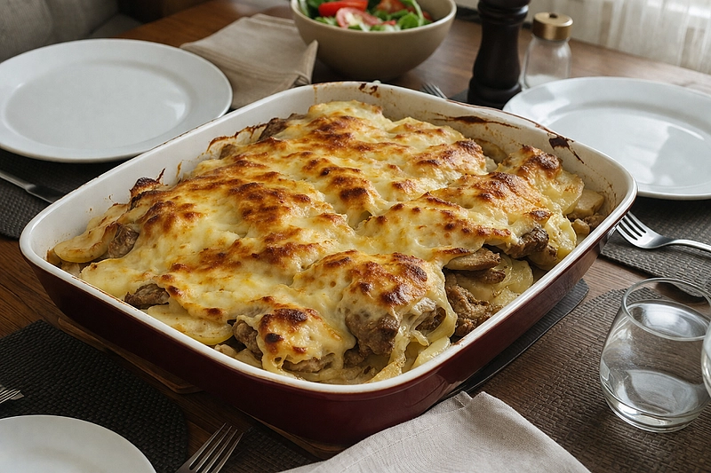 Сочное мясо по-французски с золотистой сырной корочкой