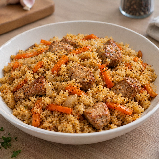 Булгур с мясом и овощами в одной сковороде