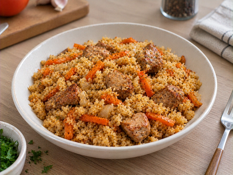 Булгур с мясом и овощами в одной сковороде