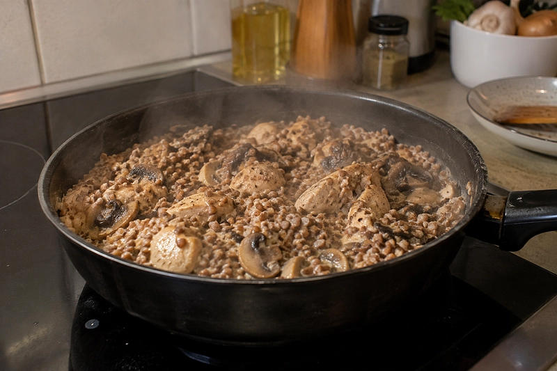 Гречка с грибами, курицей и сливками на сковороде