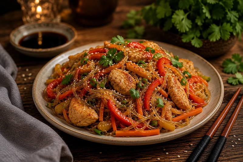Фунчоза: рецепты с курицей, креветками и овощами
