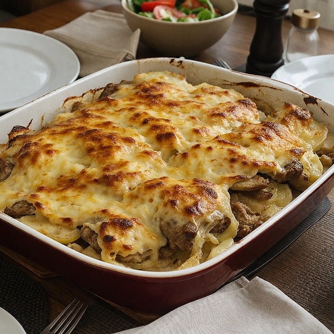 Сочное мясо по-французски с золотистой сырной корочкой