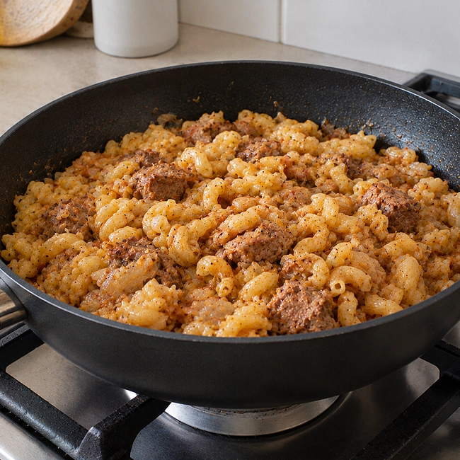 Макароны с тушенкой на сковороде для сытного обеда