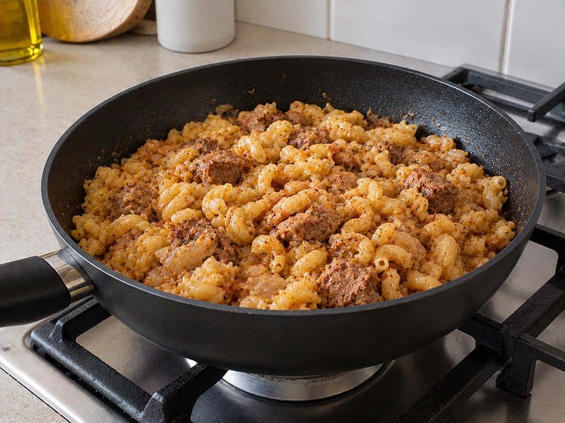 Макароны с тушенкой на сковороде для сытного обеда