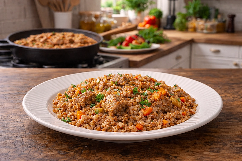 Гречка по-купечески со свининой: рецепт на сковороде