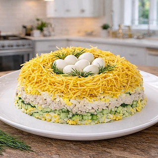 Салат "Гнездо глухаря": рецепт с перепелиными яйцами и хрустящей картошкой