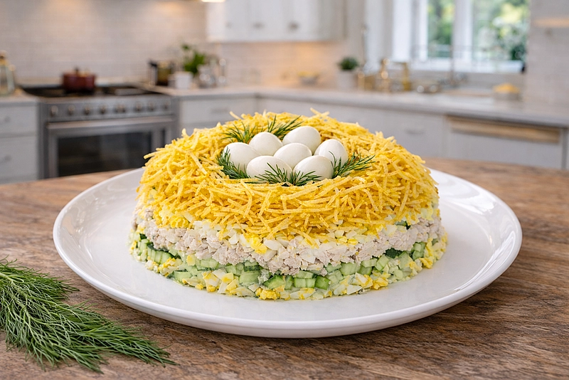 Салат "Гнездо глухаря": рецепт с перепелиными яйцами и хрустящей картошкой