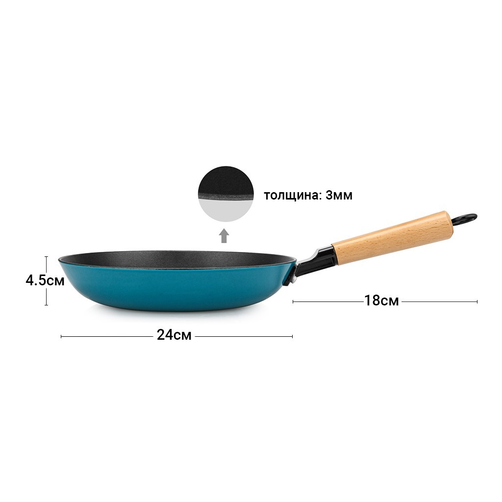Сковорода чугунная 24x4,5см с антипригарным покрытием, Seagreen