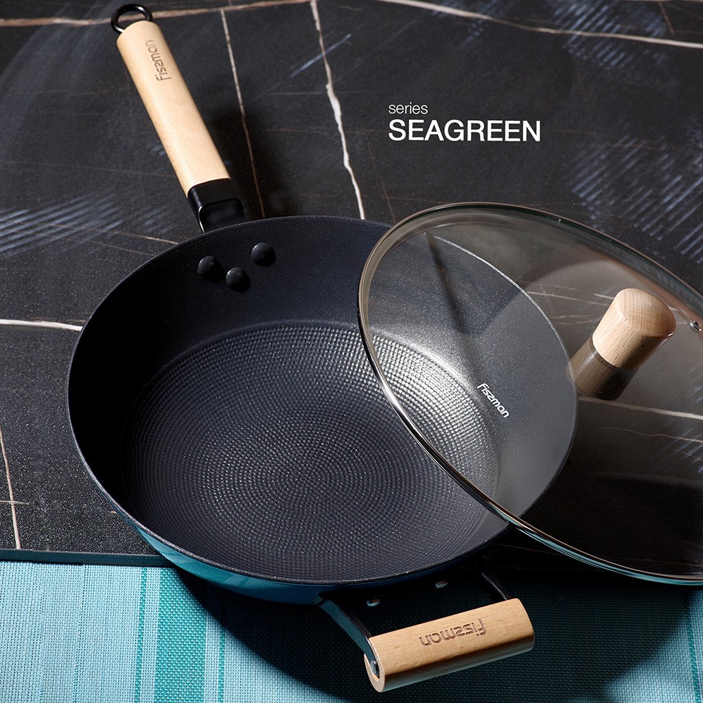 Сковорода-вок чугунная 30x8,4см / 4л с антипригарным покрытием, Seagreen